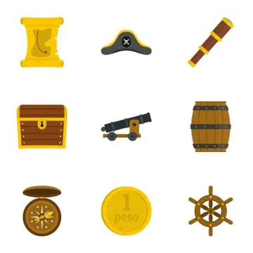 Pirates adventure icon set, flat style 스톡 일러스트