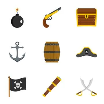 Pirates attributes icon set, flat style 스톡 일러스트