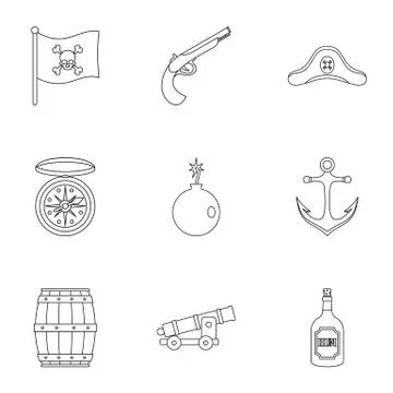 Pirates attributes icon set, outline style Stock Illustration