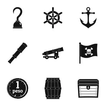 Pirates attributes icon set, simple style Stock Illustration