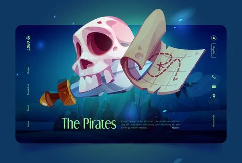 Pirates cartoon landing with skull, map, saber Stock Illustration