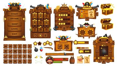 Pirates corsairs game UI interface buttons, assets Stock Illustration