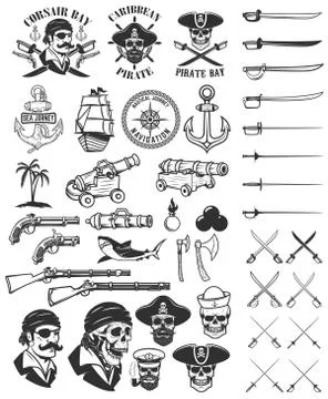 Pirates design elements. Corsair skulls, weapon, swords,guns. Design elements Stock Illustration