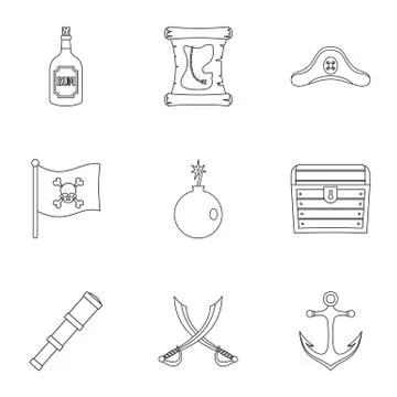 Pirates element icon set, outline style 스톡 일러스트