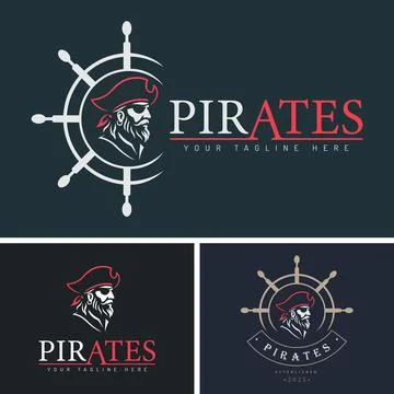 Pirates face head ship wheel logo set vintage design template Stock Illustration
