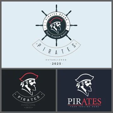 Pirates face head ship wheel logo set vintage design template Stock-Illustration