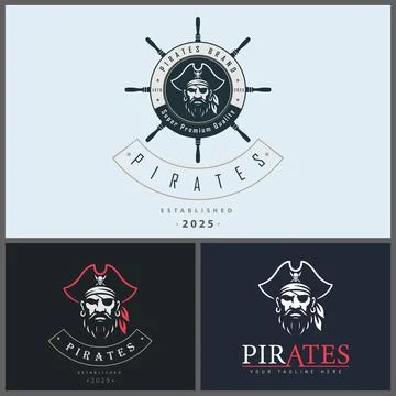 Pirates face head ship wheel logo set vintage design template Illustrazione stock