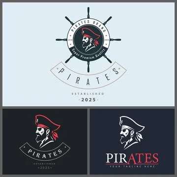 Pirates face head ship wheel logo set vintage design template Stock Illustration