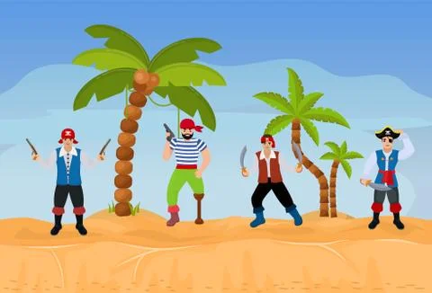 Pirates group in desert vector illustration. Funny happy people team in pirates Stock Illustration