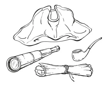 Pirates hat, smoking pipe, map and spyglass, outline sketch Stock Illustration