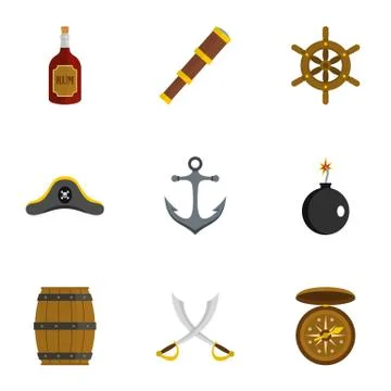 Pirates icon set, flat style Illustrazione stock