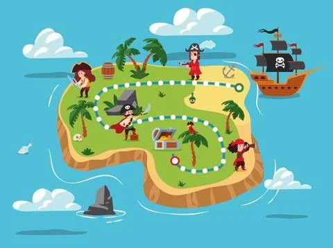 Pirates on the island, pirate ship, vector flat illustration. 스톡 일러스트