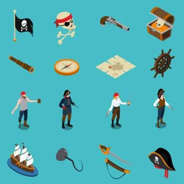 Pirates Isometric Icons Illustrazione stock