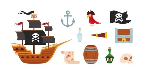 Pirates items collection including ship, flat vector illustration isolated. Stock Illustration