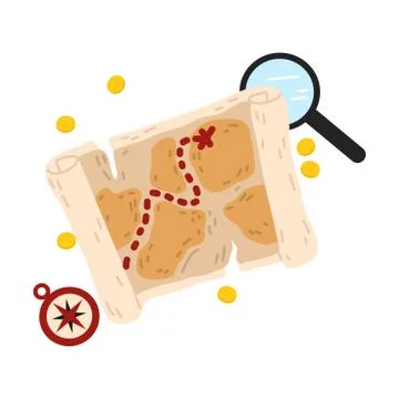 Pirates map with routes, compass and magnifier vector illustration 스톡 일러스트