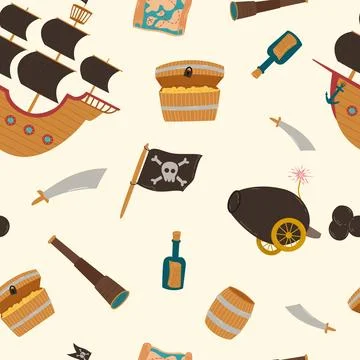 Pirates object vector seamless pattern. Pirate's spyglass, ship. barrel of ru Stock Illustration
