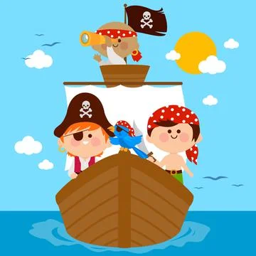 Pirates sailing on a ship at the sea. Vector illustration Stock Illustration