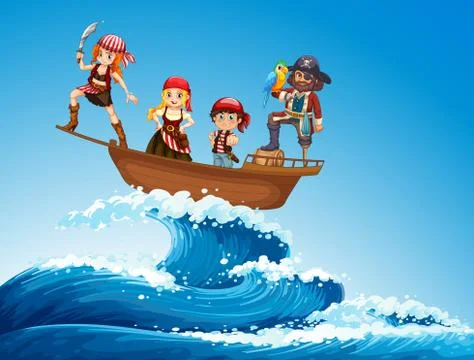 Pirates on ship in the sea Illustrazione stock