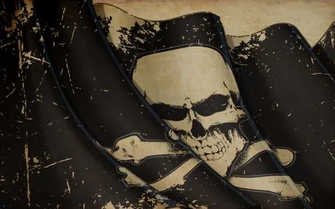 Pirates Skull and Bones Flag Waving Flag Old Paper Stock Illustration