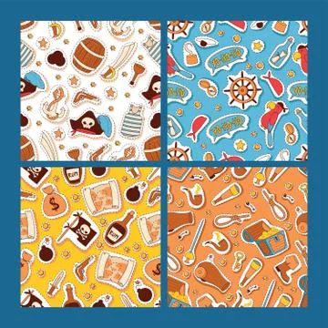 Pirates stickers seamless pattern set vector illustration. Cartoon objects and イラスト素材