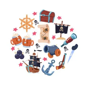 Pirates vector elements vector concept with ship, flag, gun, map Stock Illustration