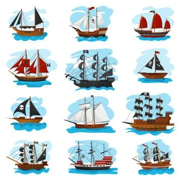Piratic ship vector pirating boat vessel sailboat and powerful piratical Ilustração Stock