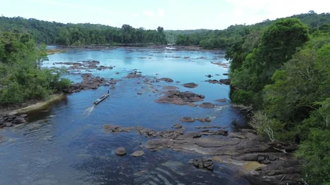 Pirogue progressing through rpaids on the Maroni river, Ffrench Guyana Stock Footage 307311499