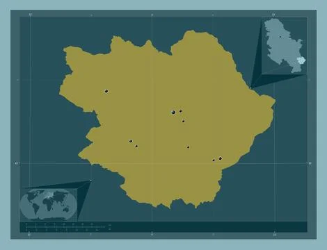Pirotski, Serbia. Solid color shape. Locations of major cities of the region 库存插图
