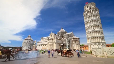 Pisa in Time Lapse: Square of Miracles with Leaning Tower, Dome and tourist.. Stock Footage 76237814