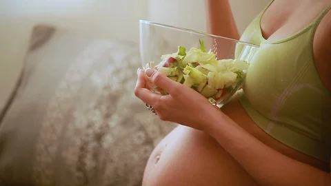 Pisareva Anna Linked Comp 96 Pregnant Girl Eating Salad, Saturating Body With Vi Stock Footage 100701269