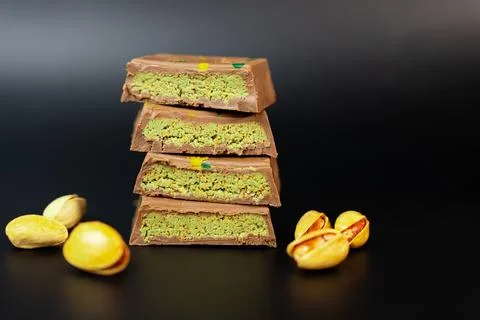 Pistachio Chocolate Stack with Nuts. Delicious Luxury Dessert Stock Photos