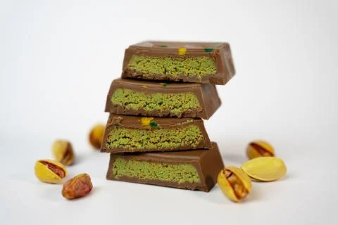 Pistachio Chocolate Stack. Premium Dessert Macro Shot. Dubai chocolate Stock Photos