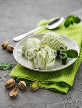 Pistachio ice cream and mint Stock Photos