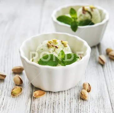 Pistachio ice cream and mint Stock Photos