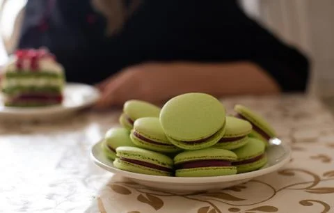 Pistachio Macaroons on a table Fotos de archivo