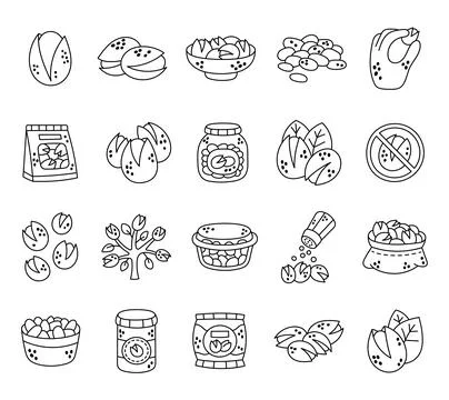 Pistachio nut set in outline line art Stock Illustration