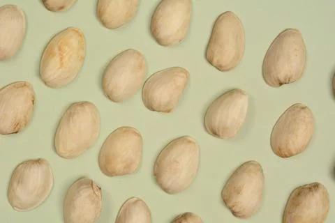 Pistachio Nut Shells Pattern on Light Green Background Stock Photos