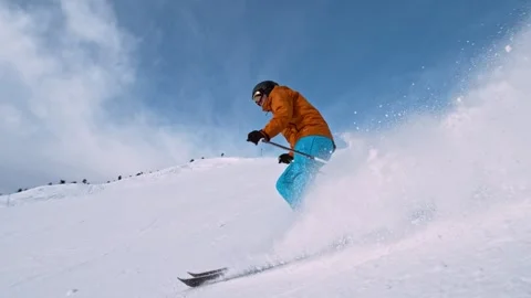 Piste Skier Running Down. Super Slow Motion, 1000 fps. Stock Footage 300129792