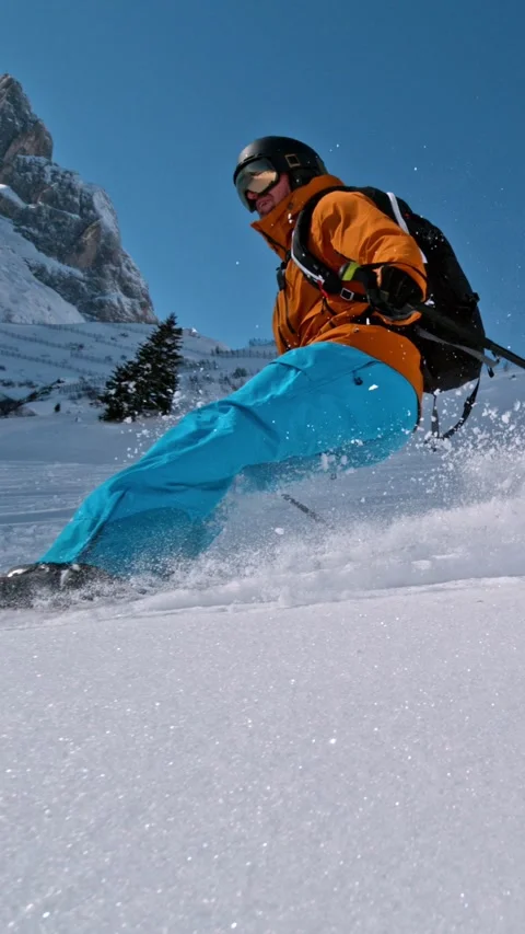 Off Piste Skier Running Down. Super Slow Motion, 1000 fps. Stock Footage 301615512