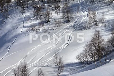 Off-piste slope with track from ski and snowboard in sunny day Stock Photos