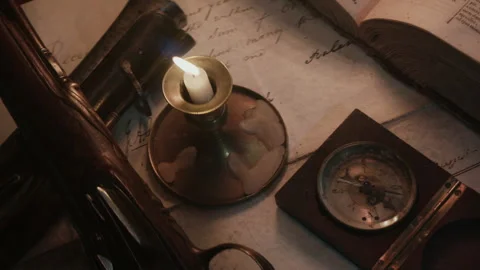 Pistol and old Compass in an old ship cabin Stock Footage 259622166