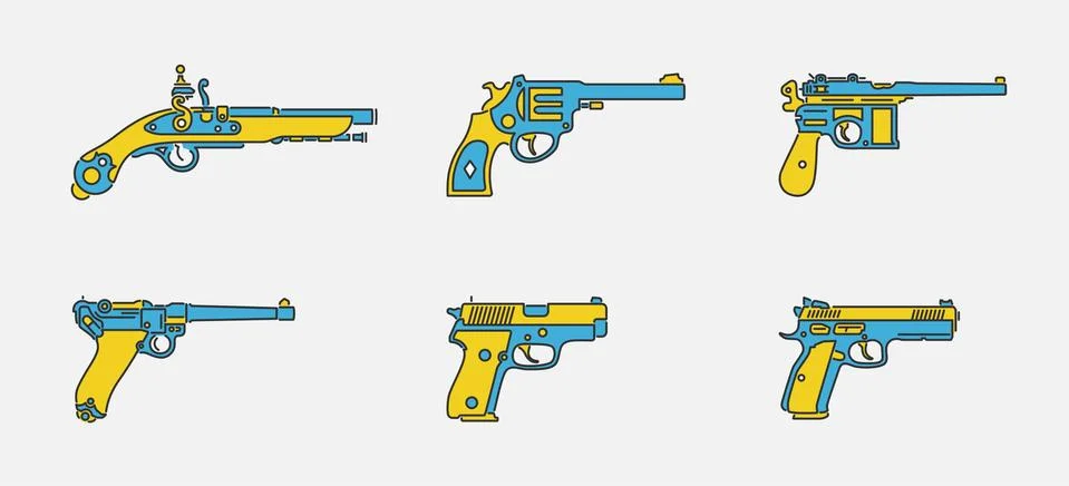 Pistol evolution color outline vector icon set Stock Illustration