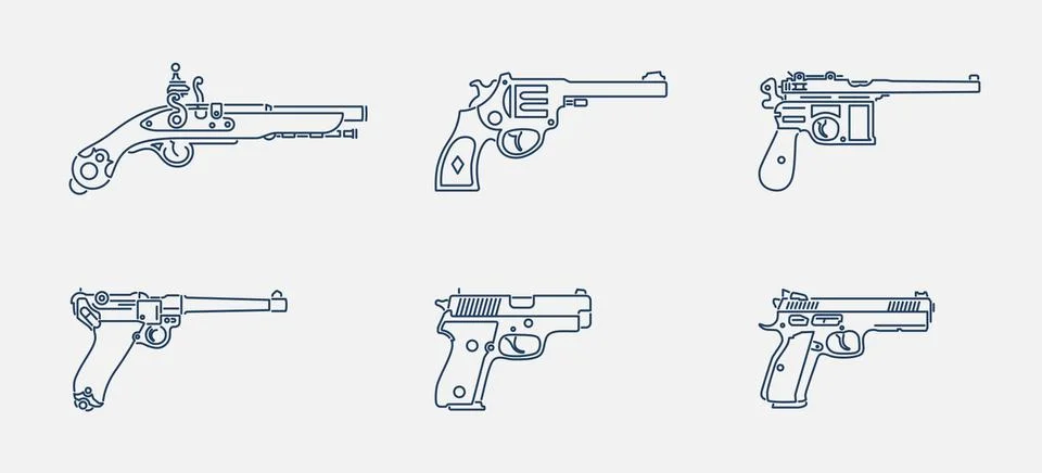 Pistol evolution outline vector icon set Stock Illustration