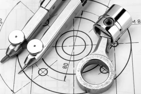 Piston on an engineering drawing Stock Photos