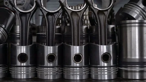 Pistons of the engine with connecting rods. Spare parts for diesel engine Stock Footage 75051117