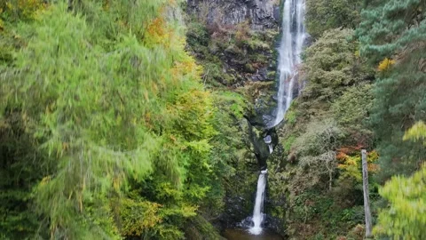 Pistyll Rhaeadr Waterfall and Berwyn Mountains from a drone, Oswestry, Wales Stock-Footage 319911907