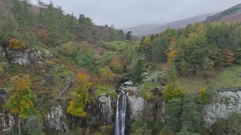 Pistyll Rhaeadr Waterfall and Berwyn Mountains from a drone, Oswestry, Wales Stock-Footage 319911961
