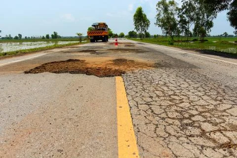 Pit on highway. Stock Photos