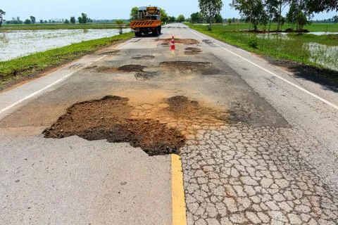 Pit on highway. Stock Photos