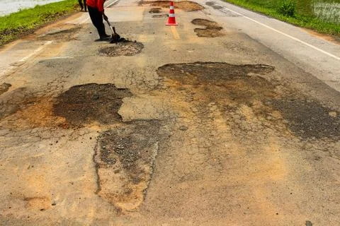 Pit on highway. Stock Photos